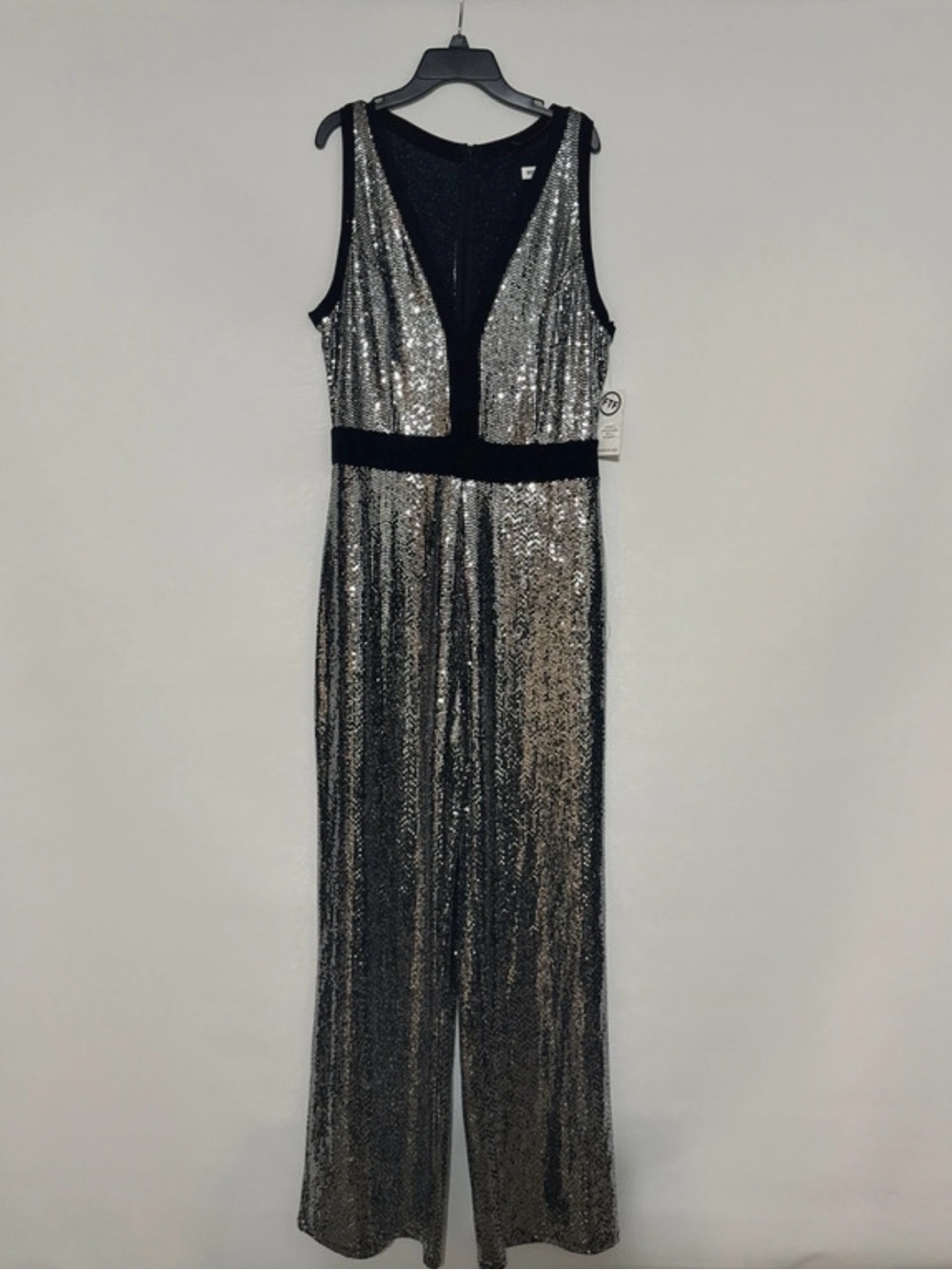 Fashion to Figure Silver Sequin Deep V Jumpsuit, Black Waistband and Wide Leg - Picture 3 of 4